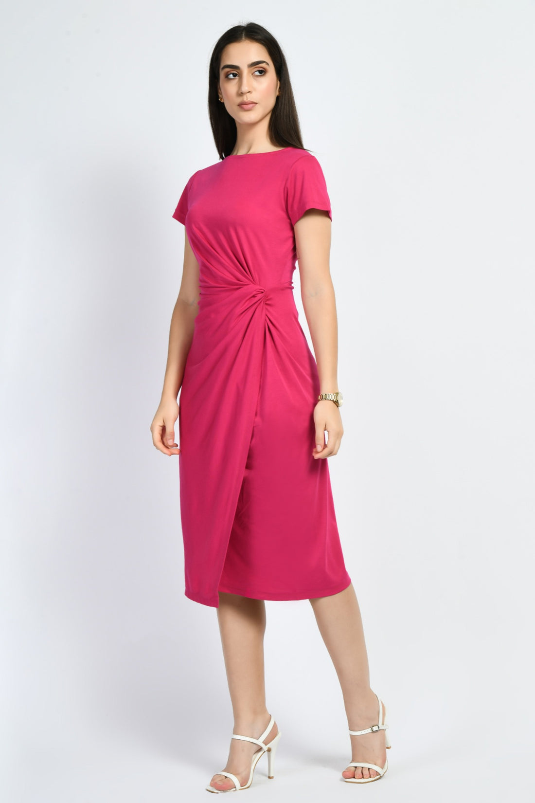 Exude Luminosity Side Knot Wrap Dress (Hot Pink)