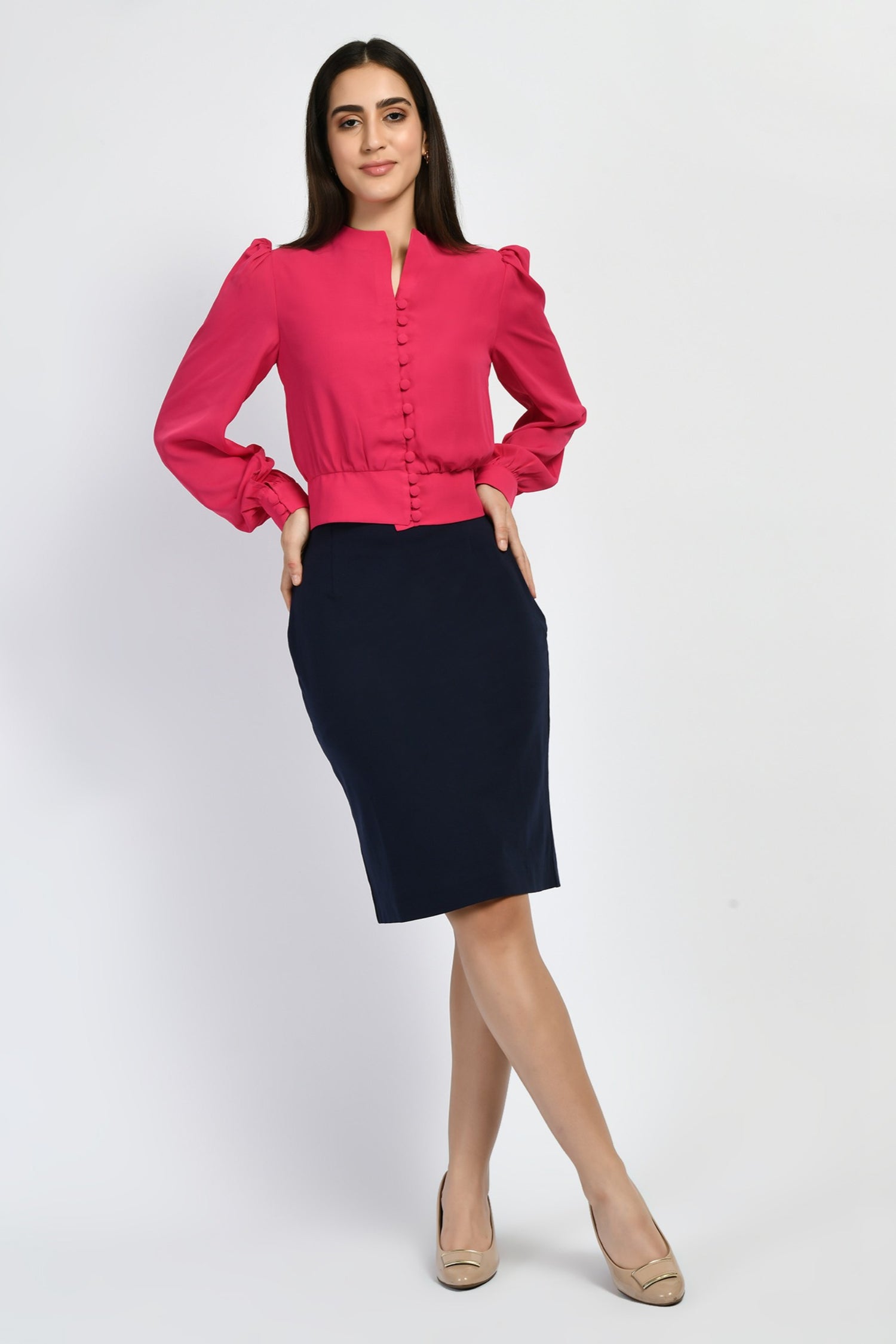 Exude Dynamism Blouson Top with Puffed Sleeves (Hot Pink)