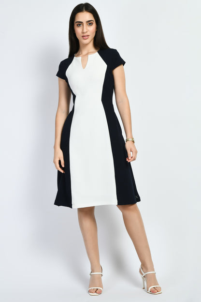 Exude Awe Colour-blocked Sculpt A-line Dress (Navy)