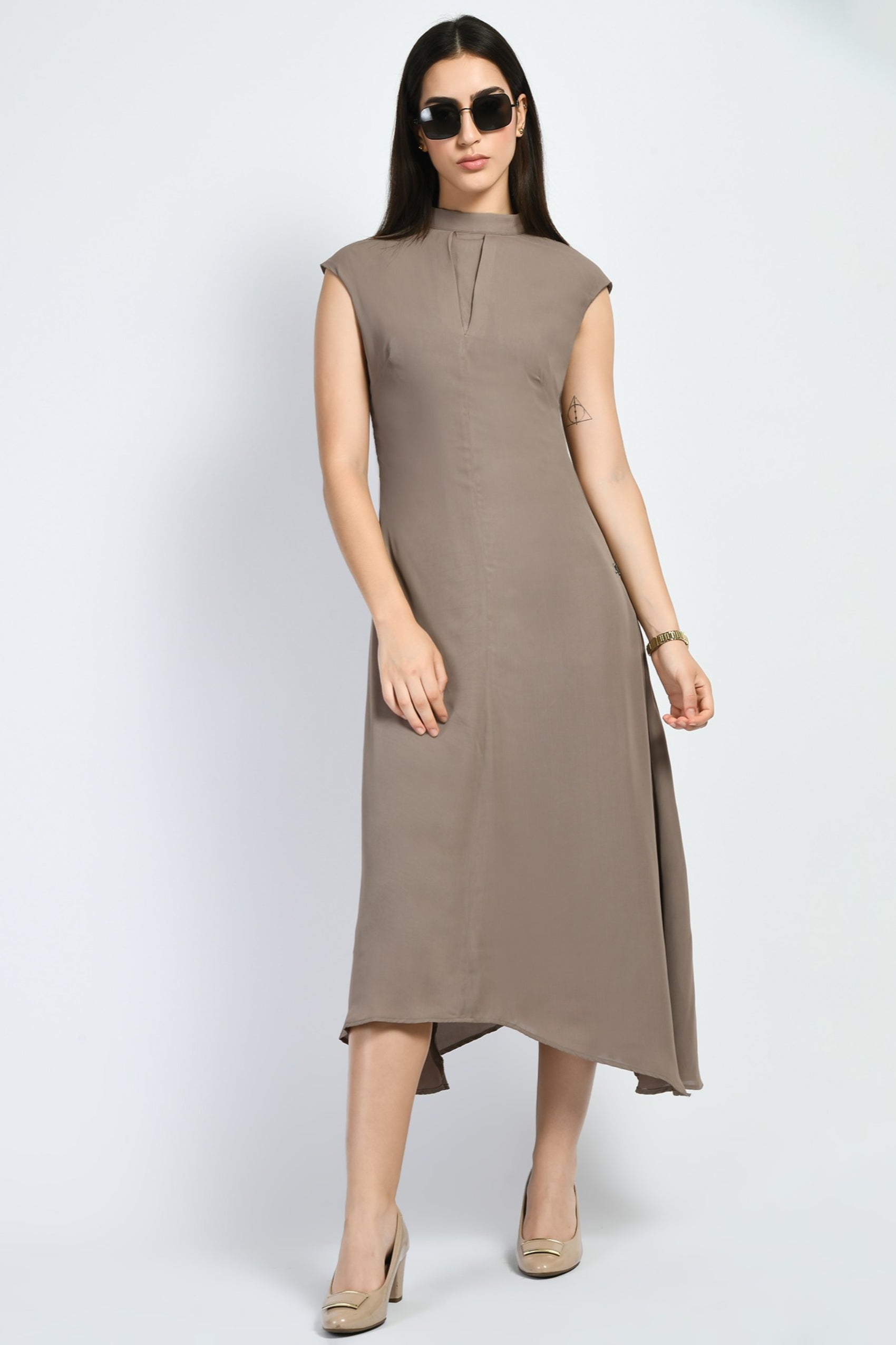 Exude Vibrance Open Back Midi Dress (Camel Beige)