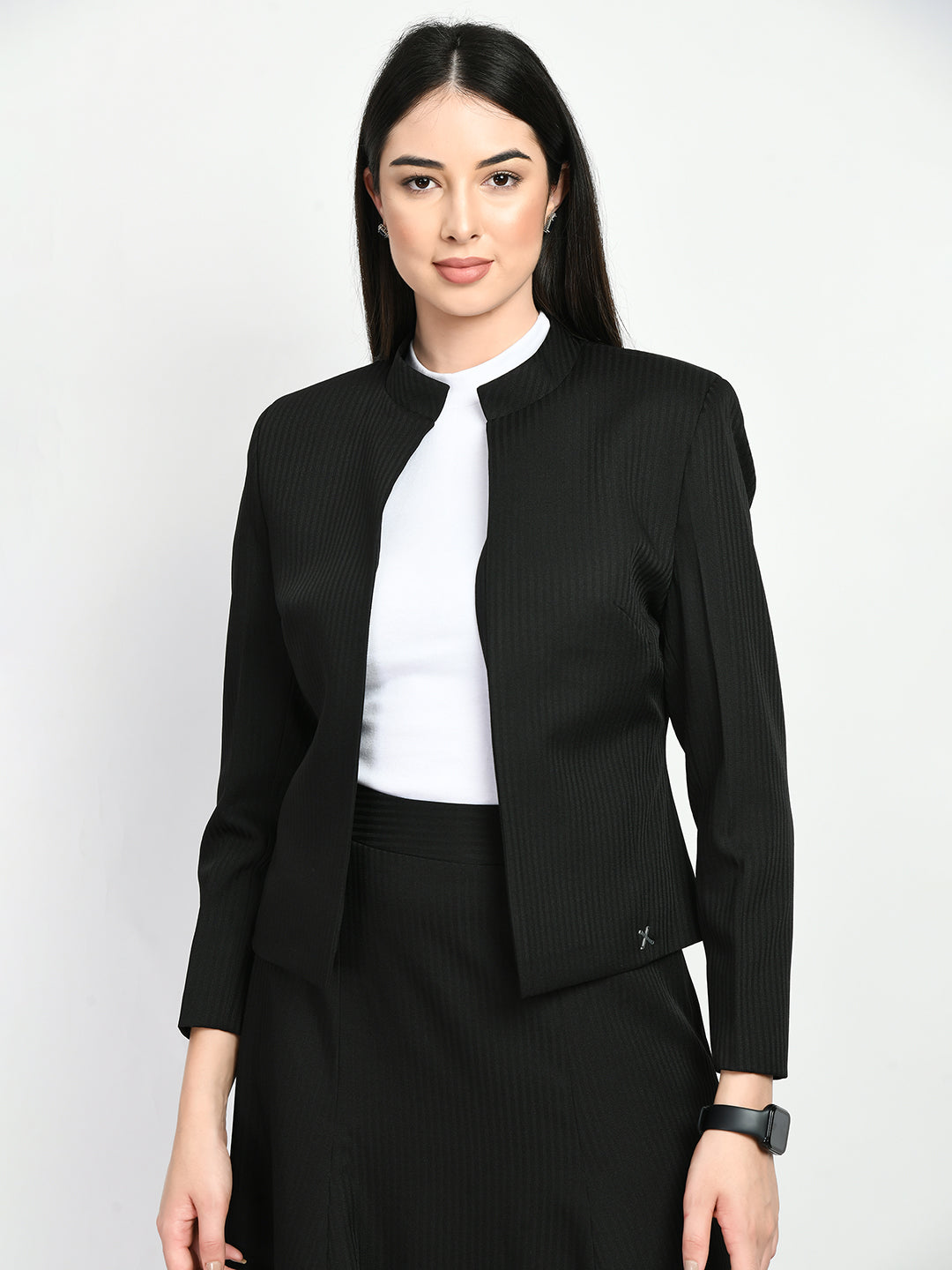 Exude Power Striped Mandarin Collar Short Blazer Black