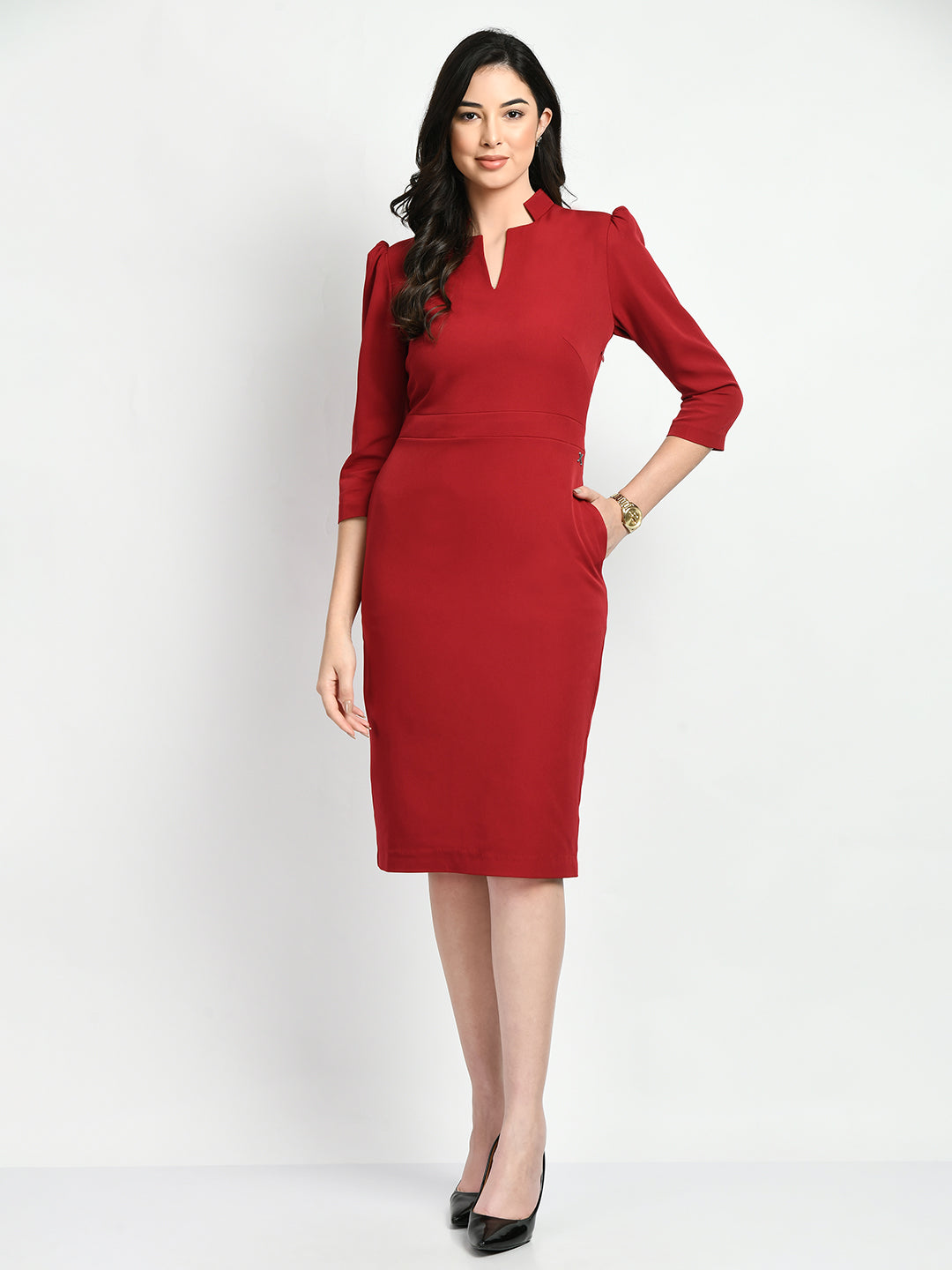 Exude Grace Puff Sleeves Sheath Dress (Red)