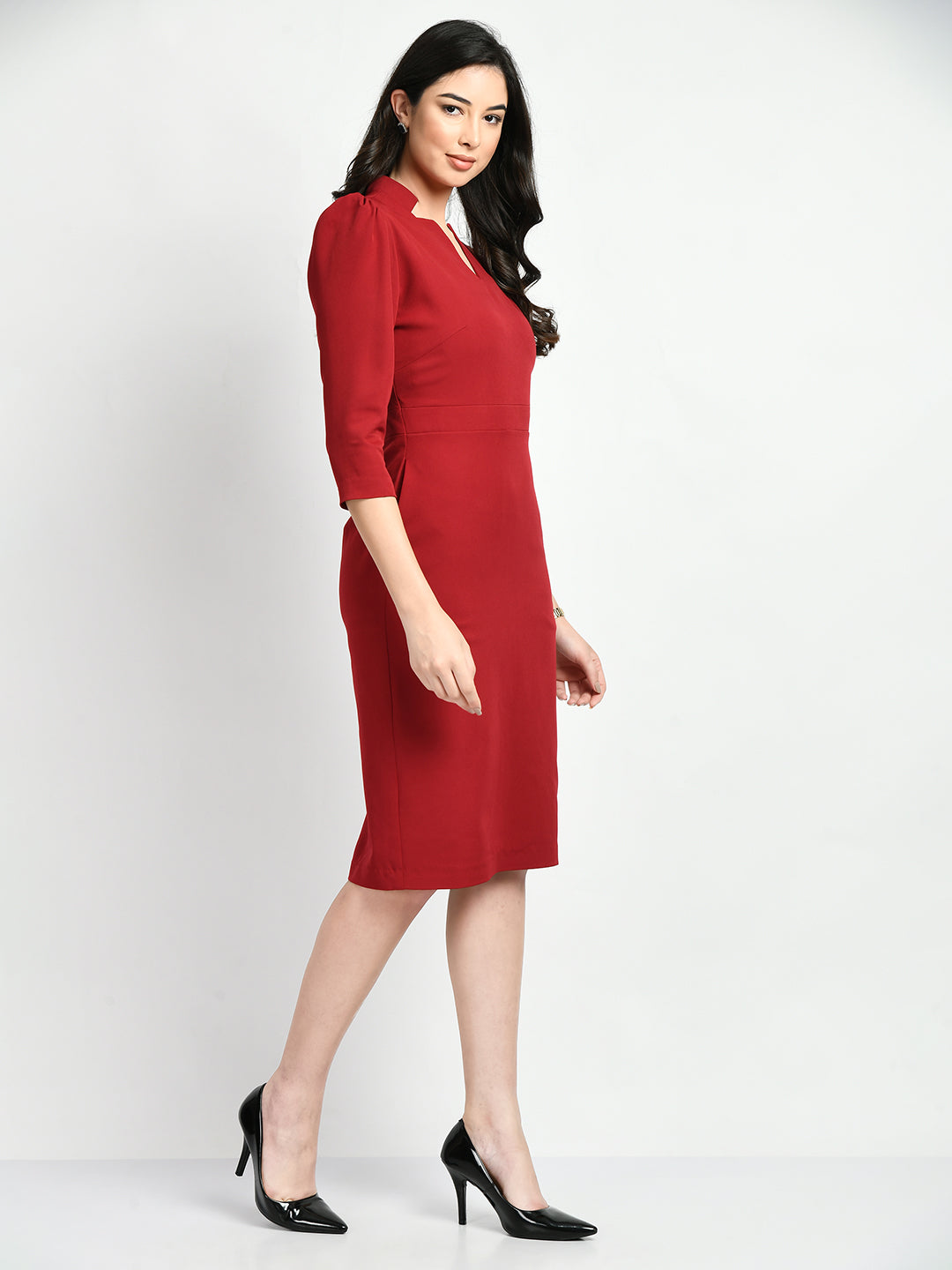 Exude Grace Puff Sleeves Sheath Dress (Red)