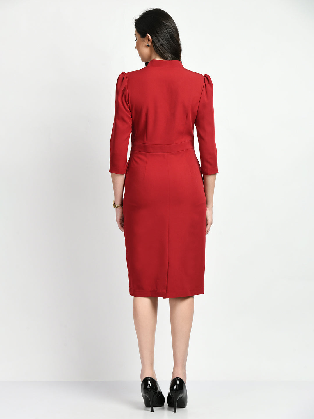 Exude Grace Puff Sleeves Sheath Dress (Red)