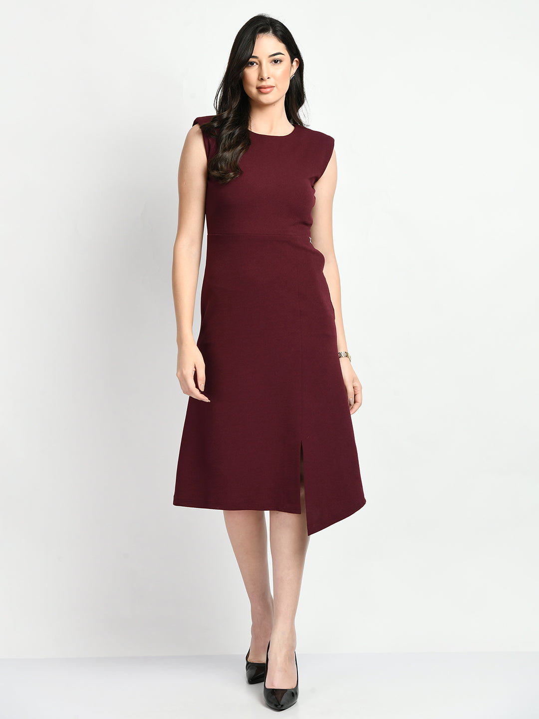 Exude Finesse Asymmetrical A-line Dress (Wine)