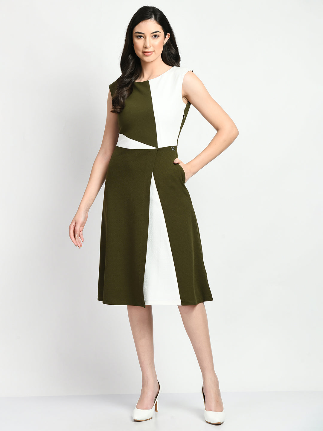 Exude Elegance Colour Blocked A-line Wrap Dress (Olive + White)