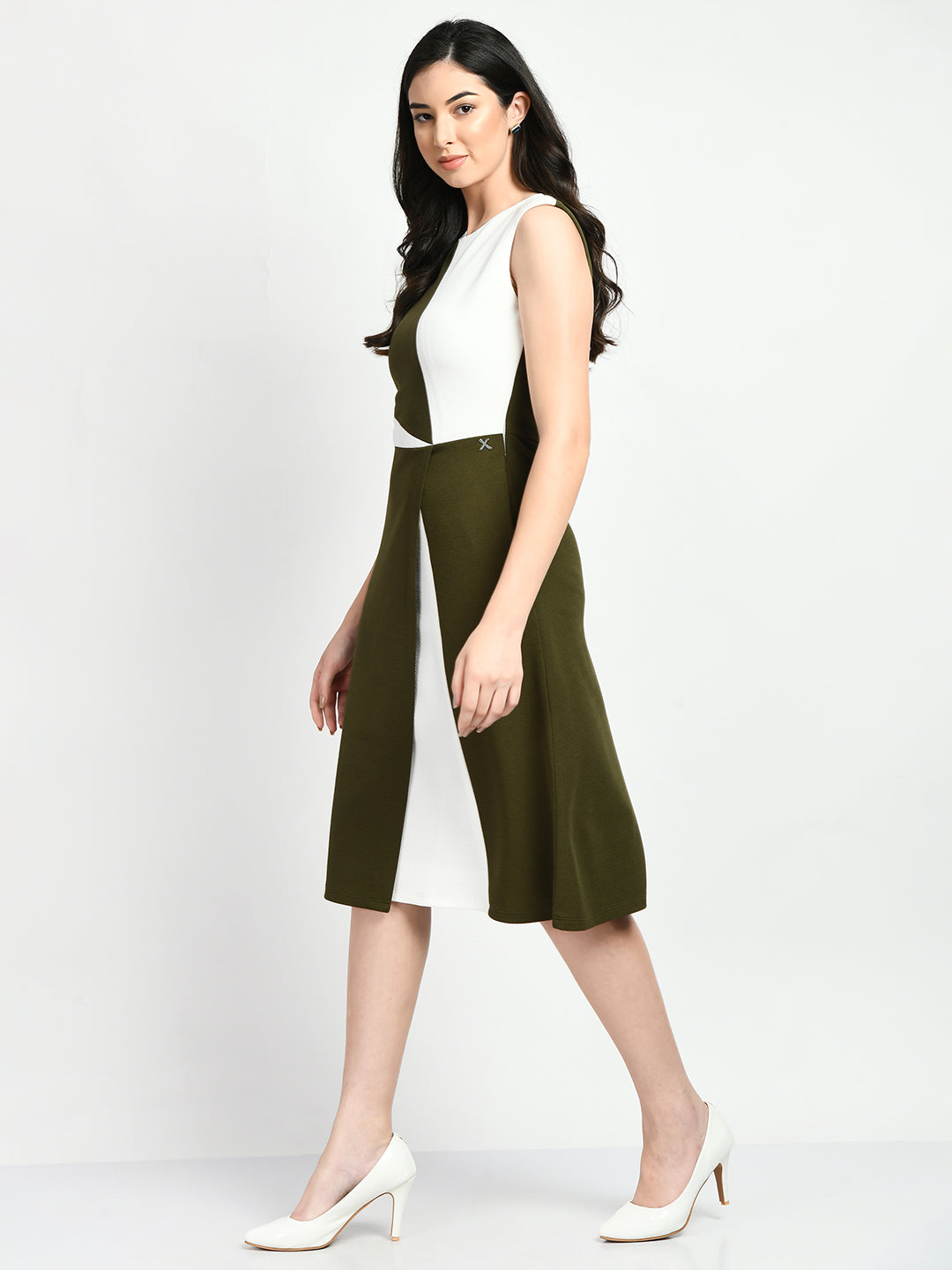 Exude Elegance Colour Blocked A-line Wrap Dress (Olive + White)