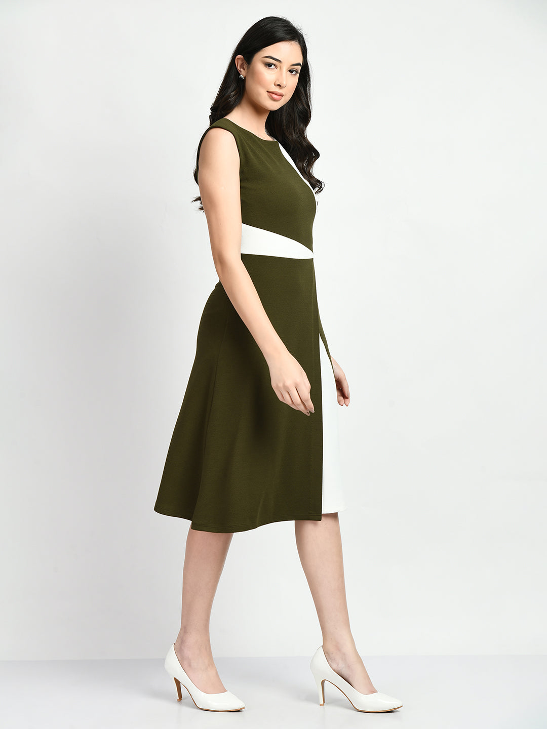 Exude Elegance Colour Blocked A-line Wrap Dress (Olive + White)