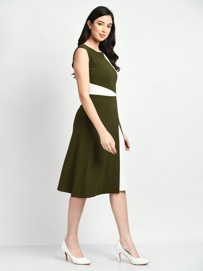 Exude Elegance Colour Blocked A-line Wrap Dress (Olive + White)