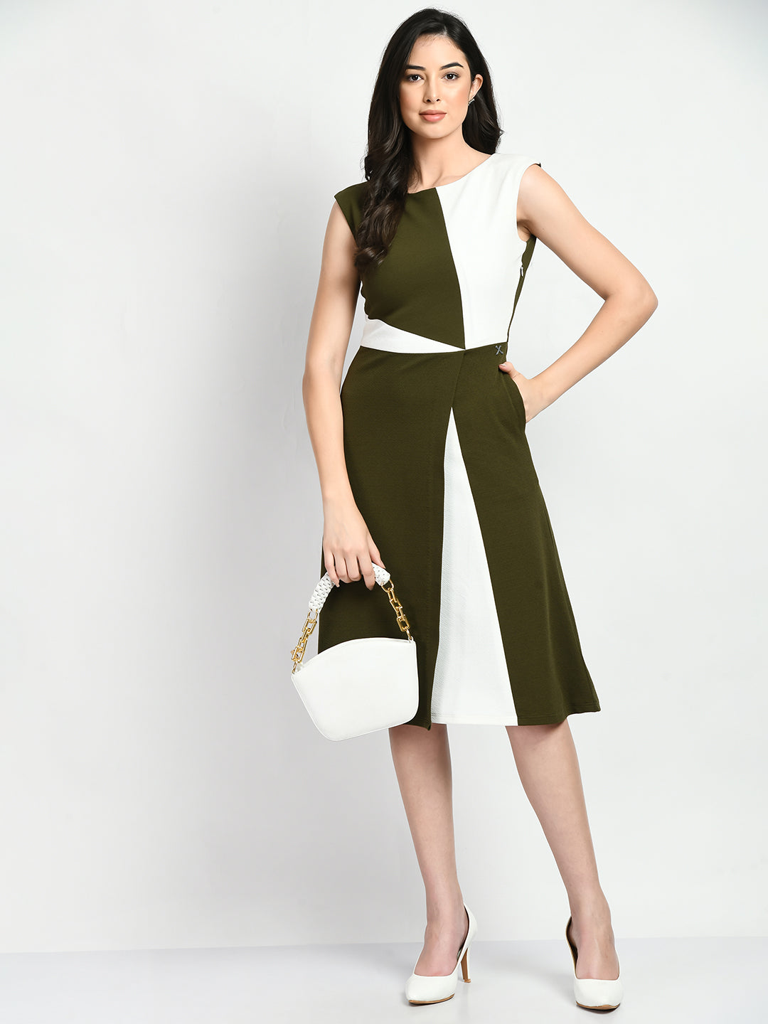 Exude Elegance Colour Blocked A-line Wrap Dress (Olive + White)
