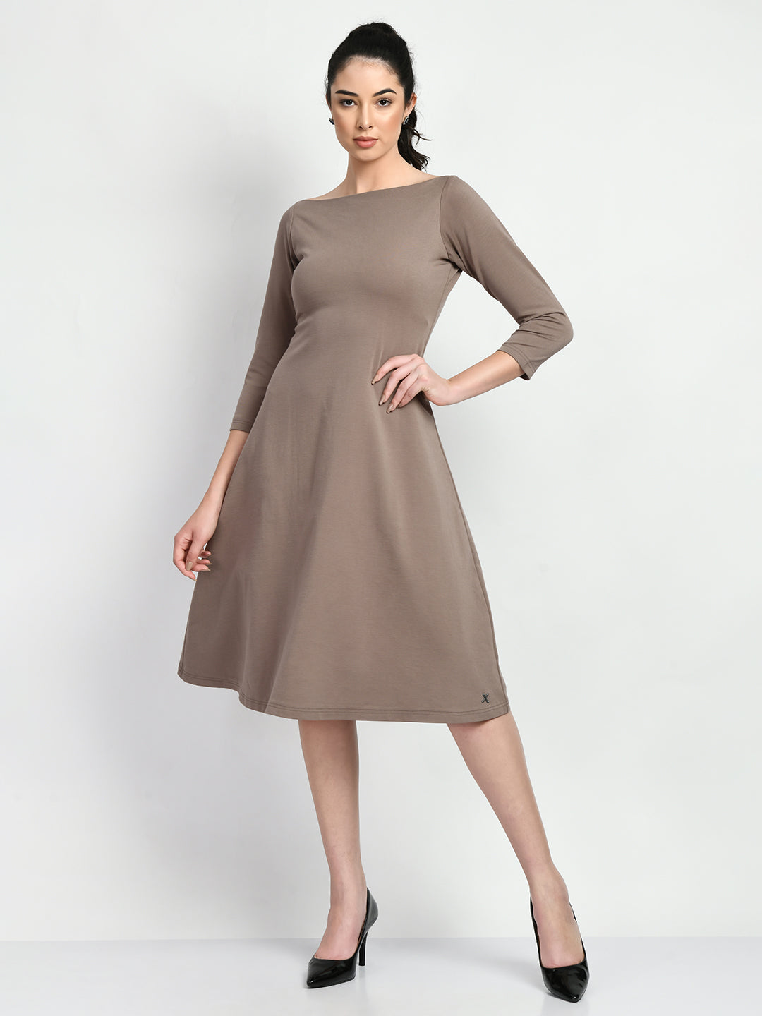 Boat neck tea length clearance dress