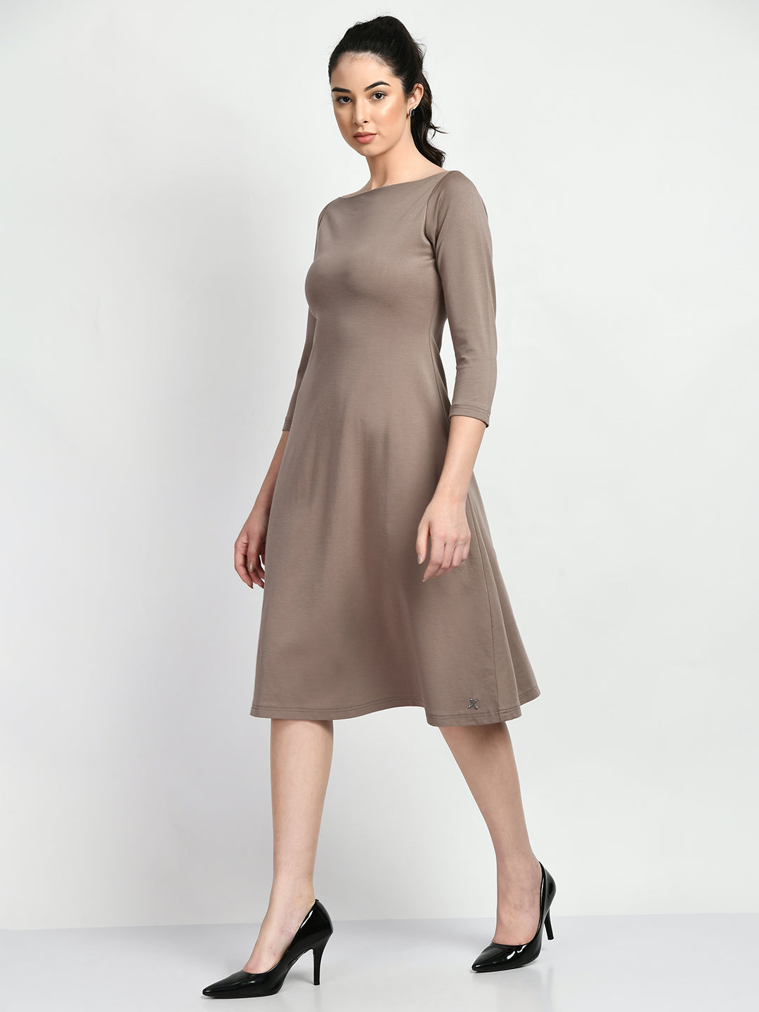 Exude Dignity Boat Neck A-line Dress (Camel Beige)