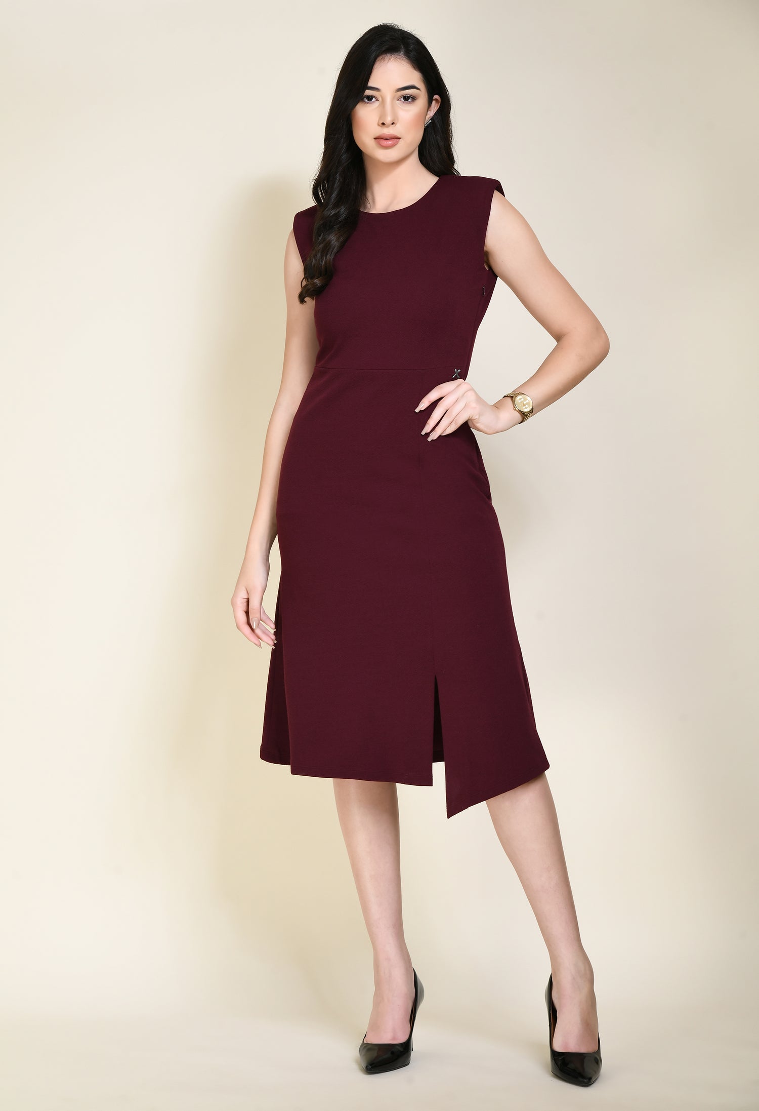 Exude Finesse Asymmetrical A-line Dress (Wine)