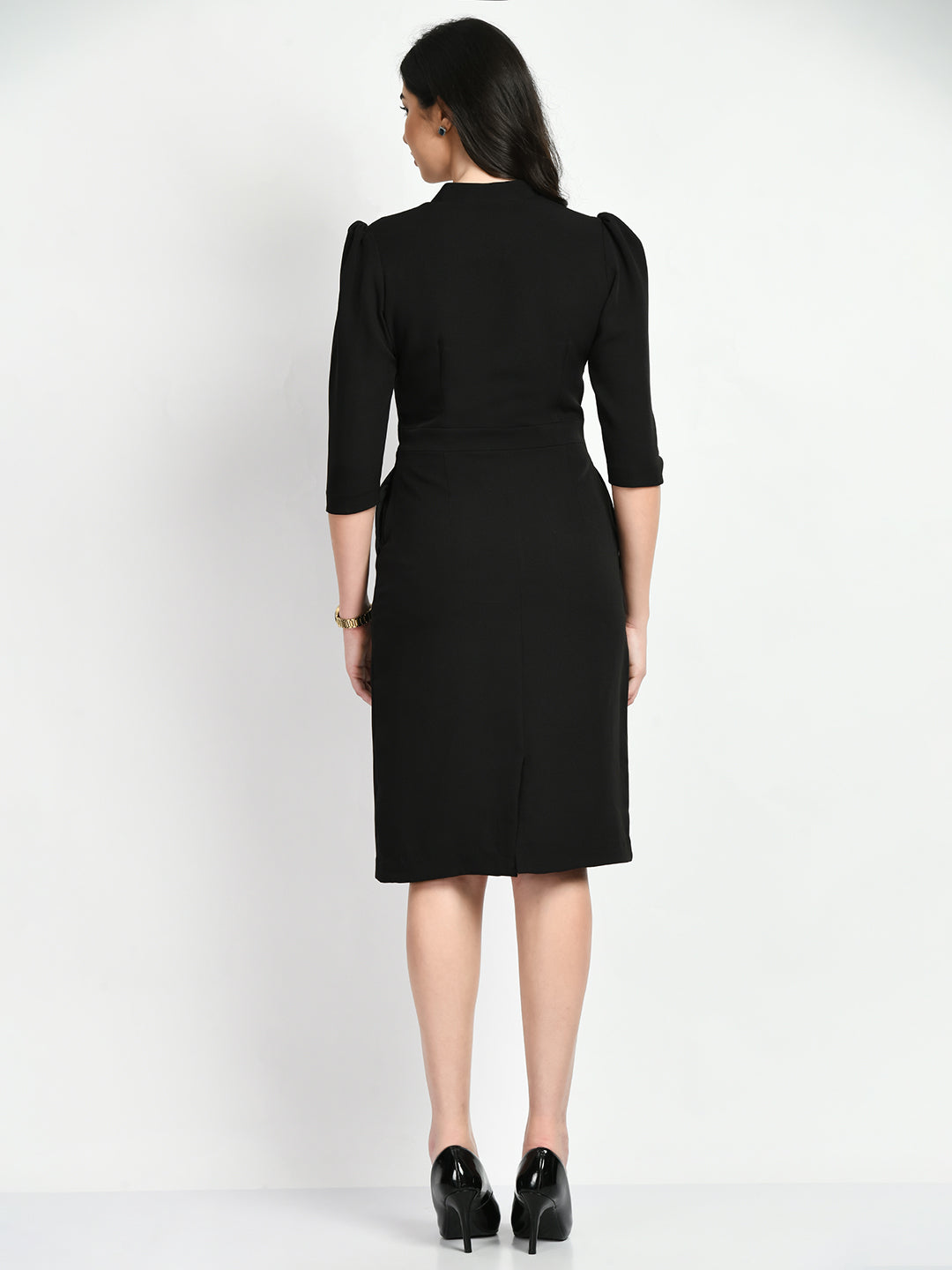 Exude Grace Puff Sleeves Sheath Dress (Black)