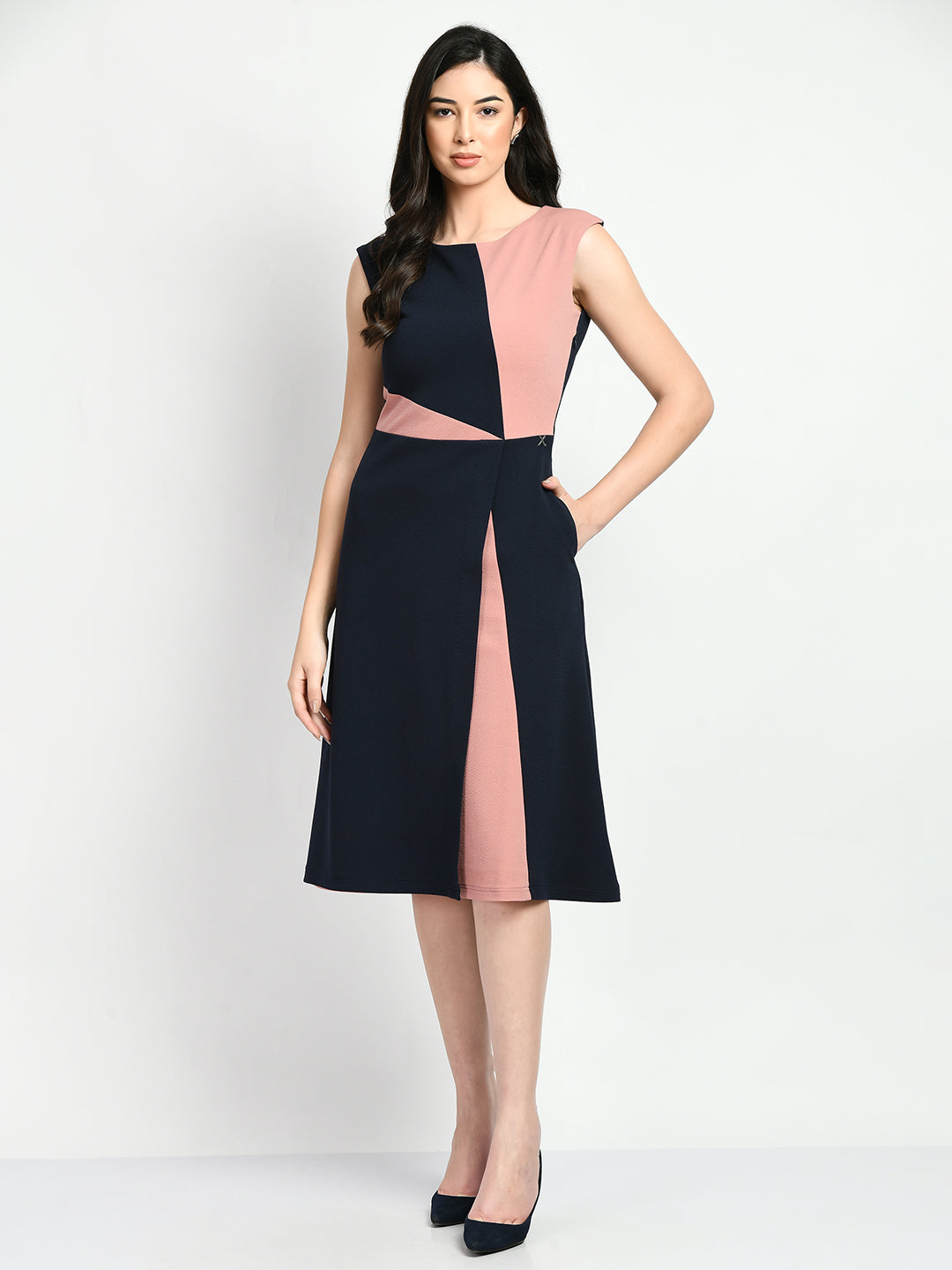 Exude Elegance Colour Blocked A-line Wrap Dress (Navy + Pink)