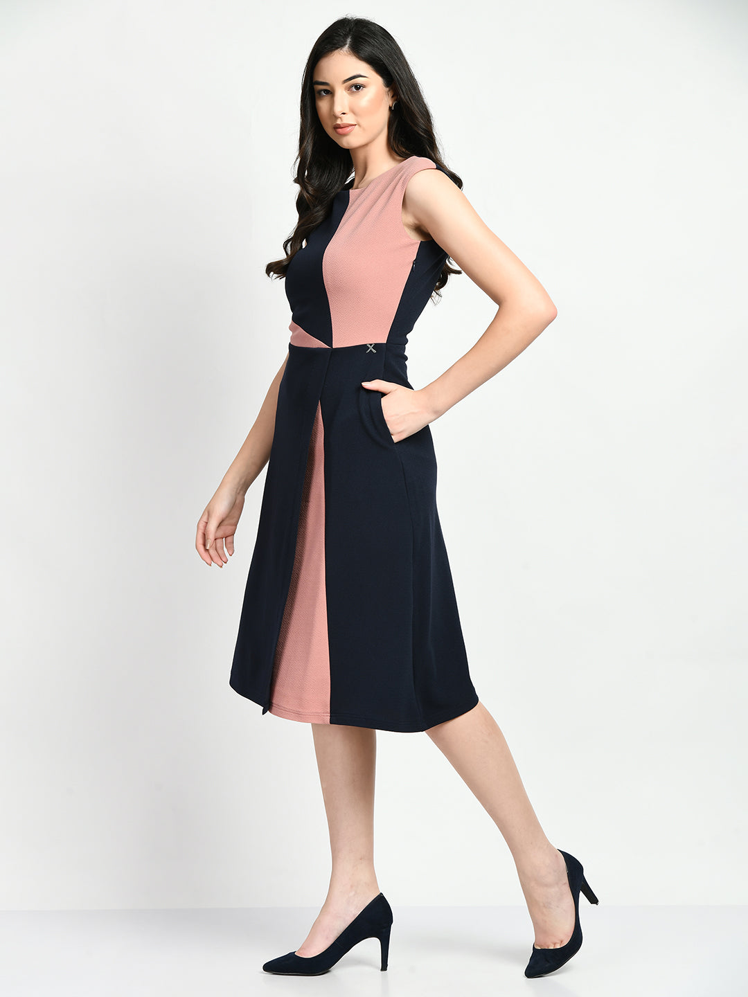 Exude Elegance Colour Blocked A-line Wrap Dress (Navy + Pink)