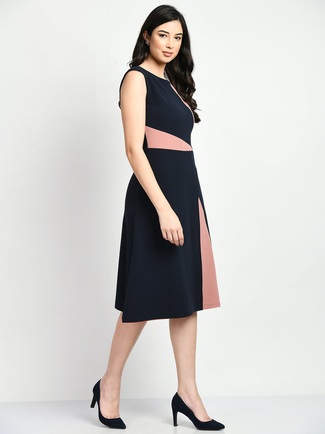 Exude Elegance Colour Blocked A-line Wrap Dress (Navy + Pink)