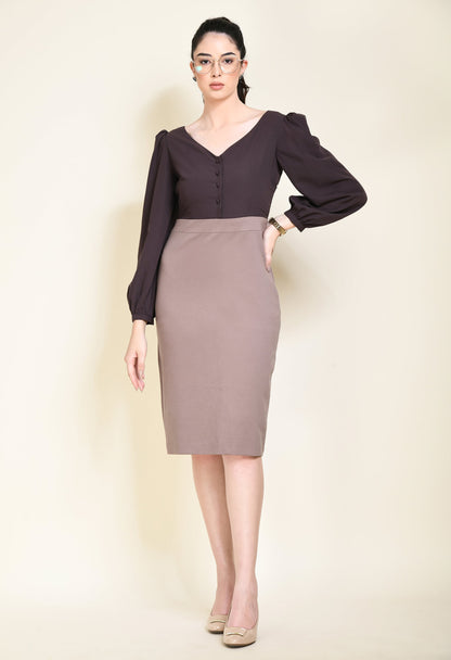 Exude Style Colour Blocked Sheath Dress (Camel Beige + Coffee Brown)