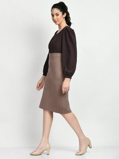 Exude Style Colour Blocked Sheath Dress (Camel Beige + Coffee Brown)