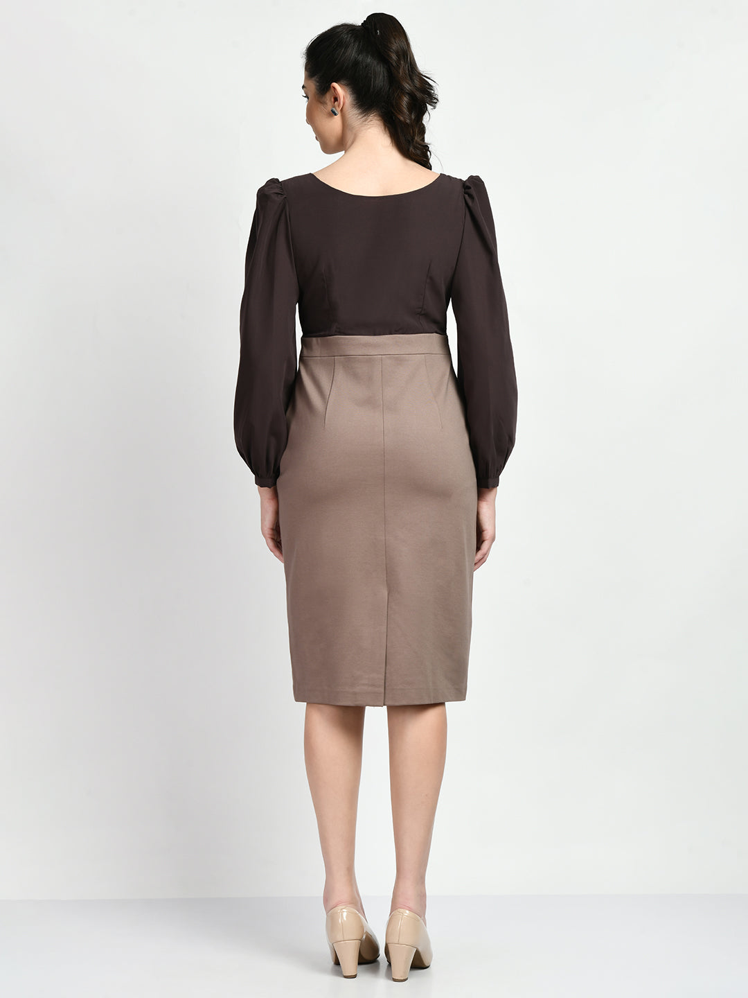 Exude Style Colour Blocked Sheath Dress (Camel Beige + Coffee Brown)