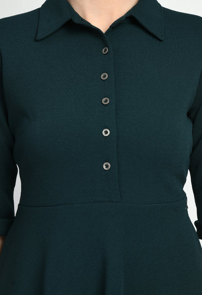 Exude Serenity Fit and Flared Shirt Midi Dress (Emerald Green)