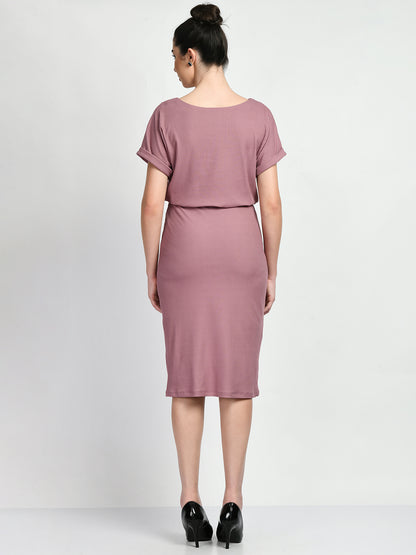 Exude Enigma Ribbed Blouson Dress (Dusty Pink)