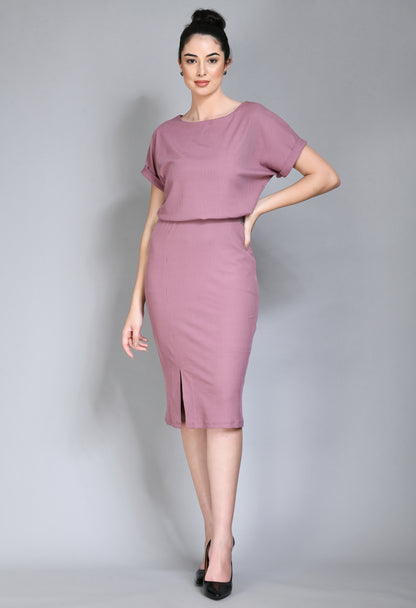 Exude Enigma Ribbed Blouson Dress (Dusty Pink)