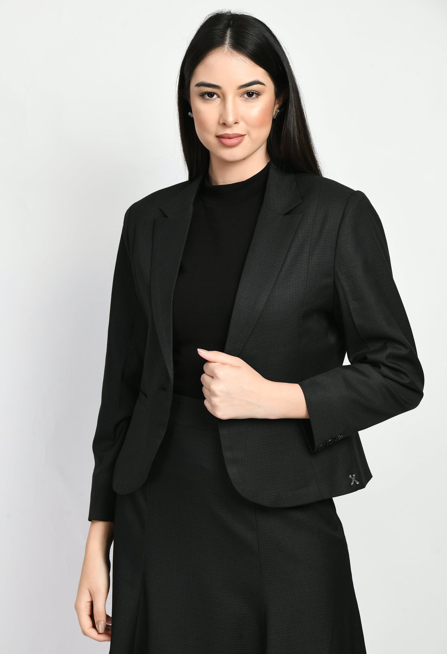 Exude Motivation Checked Short Blazer Pencil Skirt Suit (Black)
