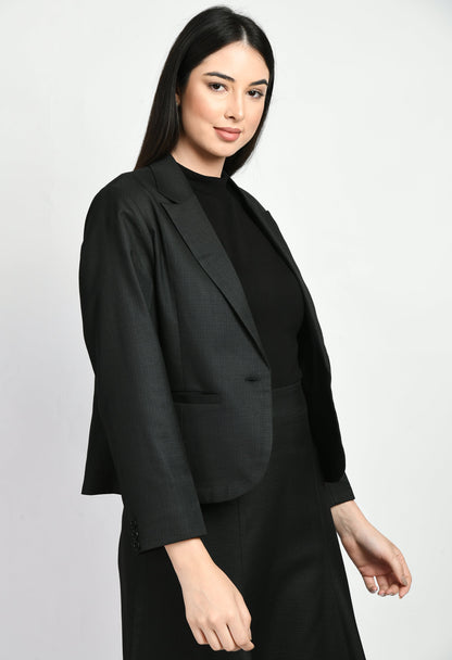 Exude Radiance Checked Short Blazer A-line Skirt Suit (Black)