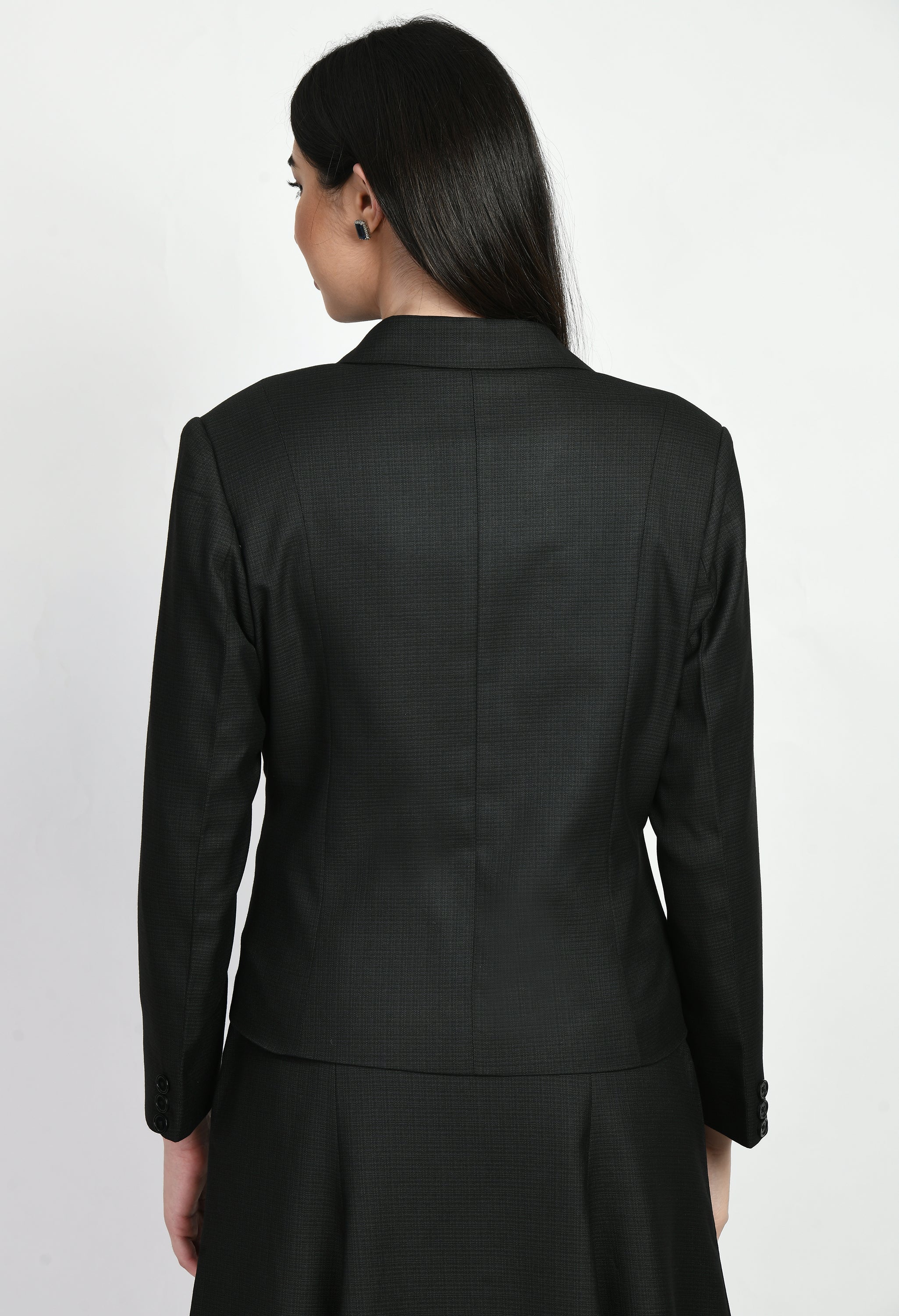 Exude Radiance Checked Short Blazer A-line Skirt Suit (Black)