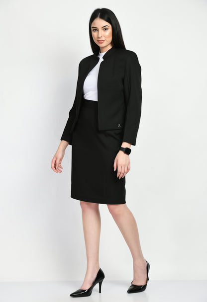 Exude Insight Striped Short Blazer Pencil Skirt Suit (Black)