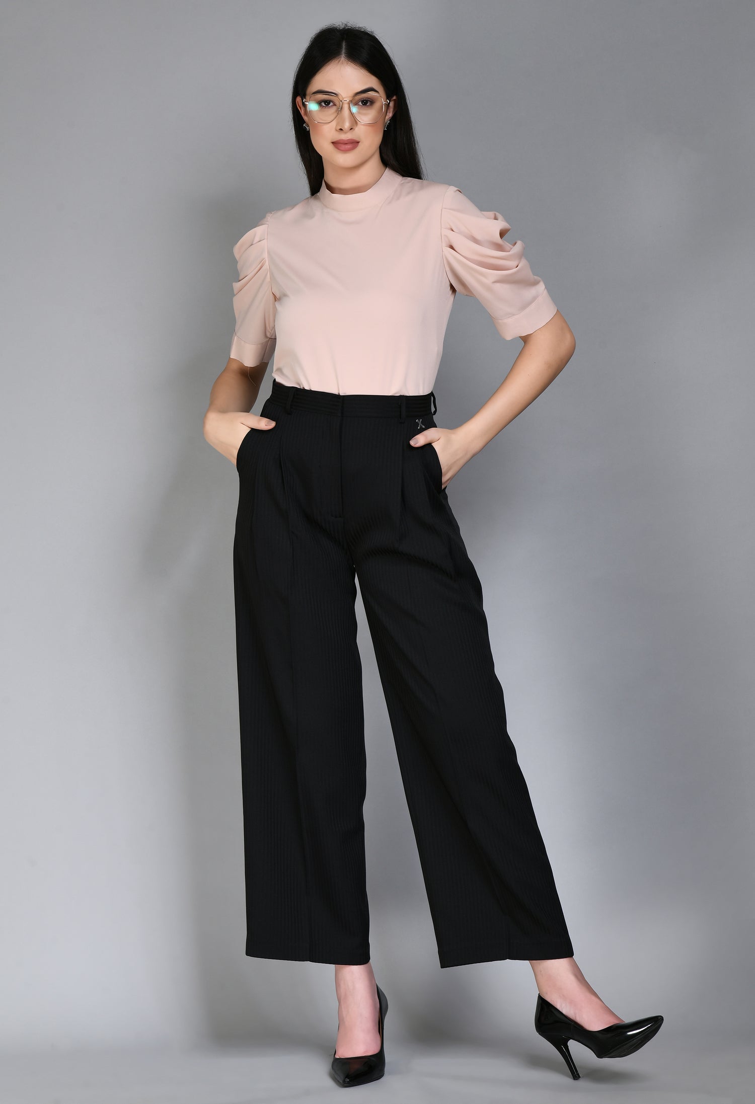 Exude Prowess Striped Wide Leg Trousers (Black)