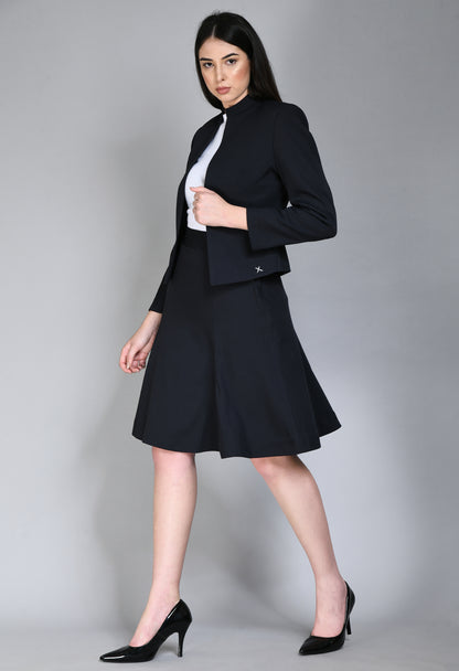 Exude Intelligence Striped Short Blazer A-line Skirt Suit (Navy)