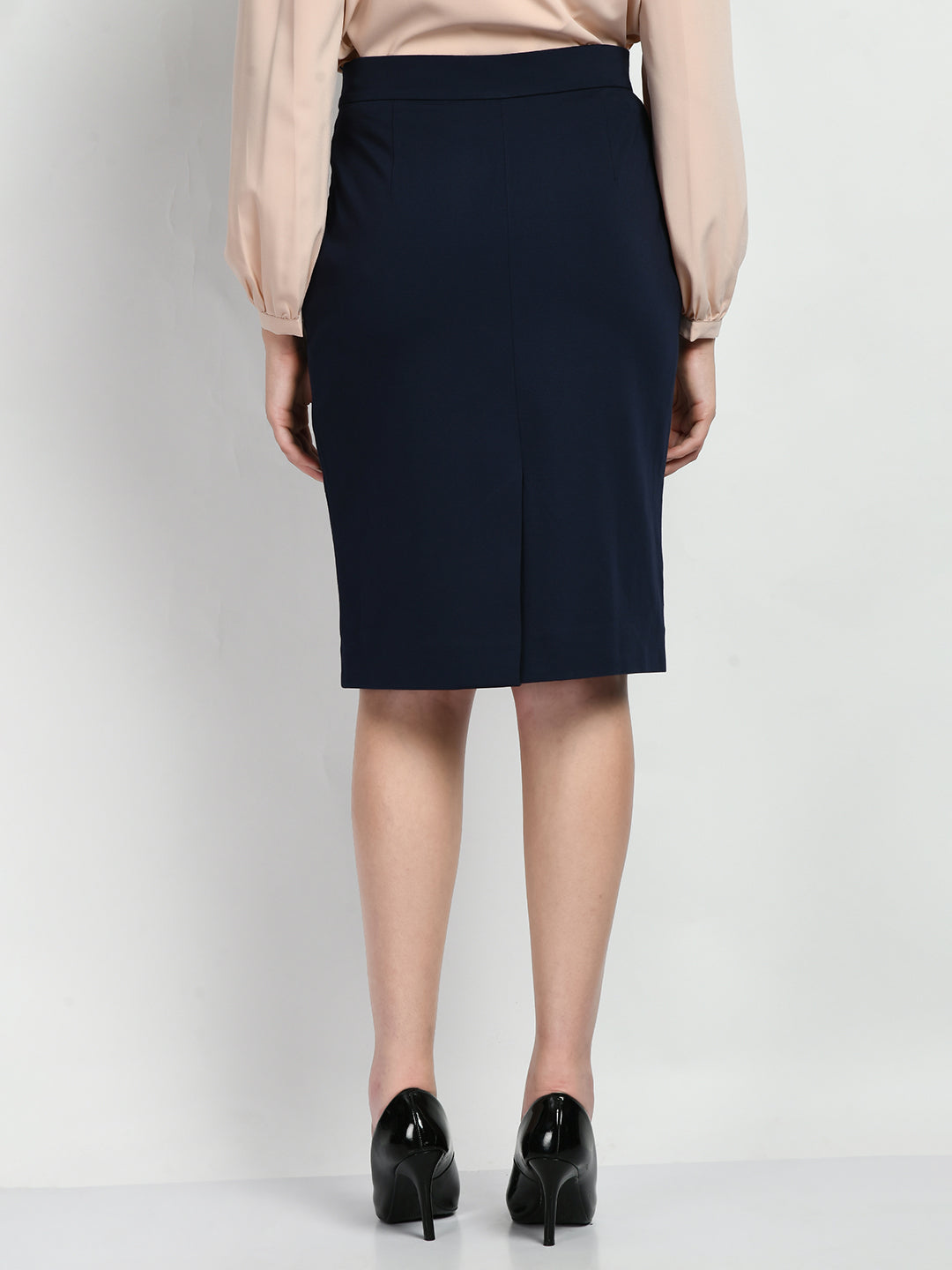 Exude Leadership Solid 4 Way Stretch Pencil Skirt (Navy)