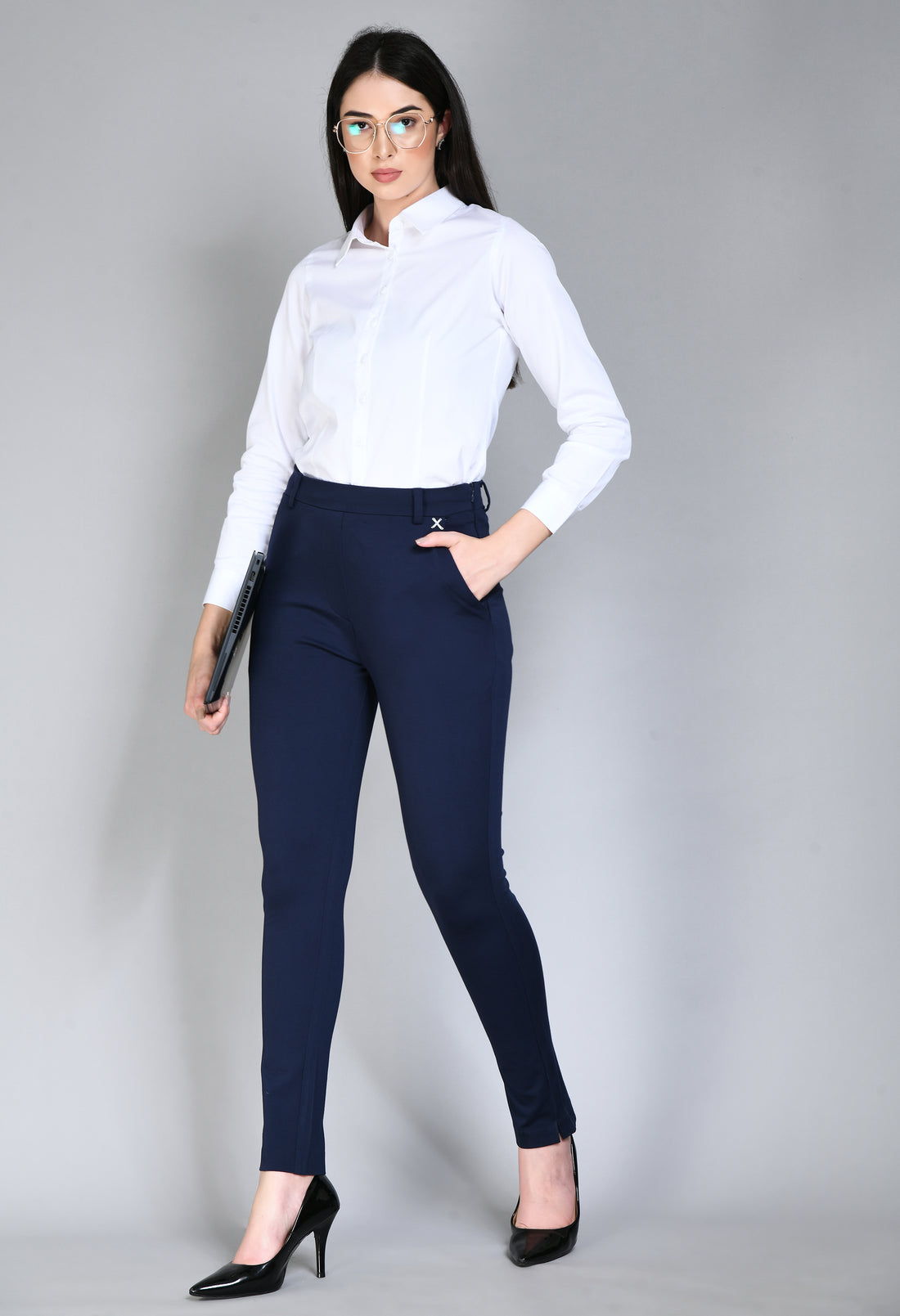 Exude Respect Solid 4 Way Stretch Slim Trousers (Navy)