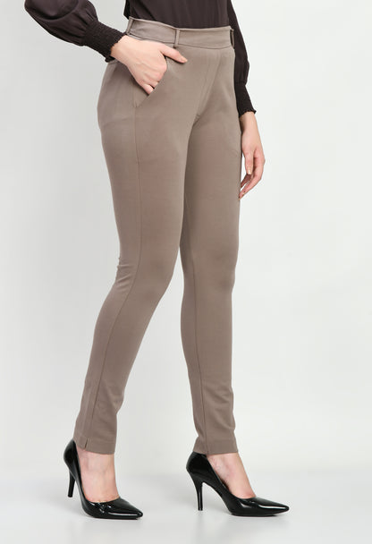 Exude Respect Solid 4 Way Stretch Slim Trousers (Camel Beige)