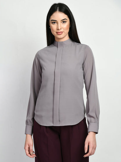 Exude Foresight High Neck Front Pleat Top (Lilac Grey)