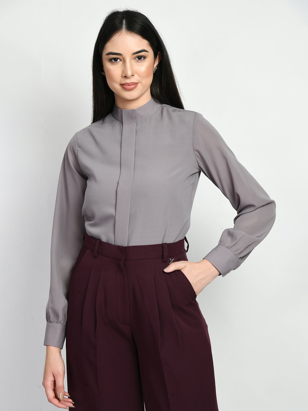 Exude Foresight High Neck Front Pleat Top (Lilac Grey)