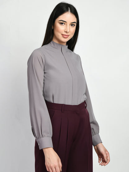 Exude Foresight High Neck Front Pleat Top (Lilac Grey)