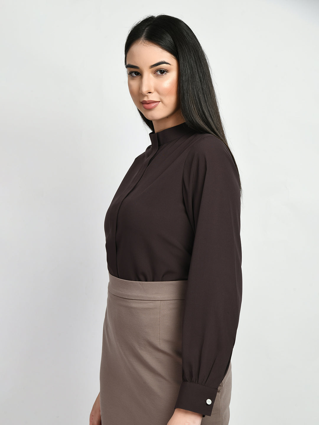 Exude Foresight High Neck Front Pleat Top (Coffee Brown)