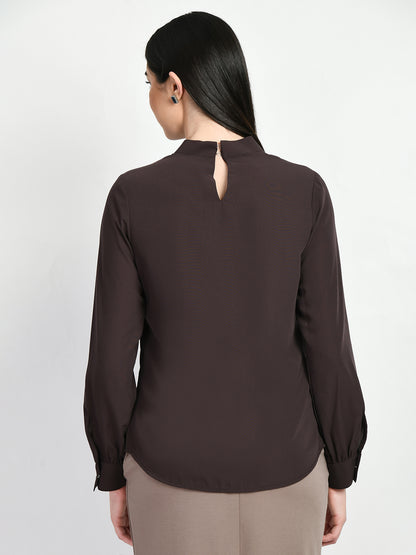 Exude Foresight High Neck Front Pleat Top (Coffee Brown)