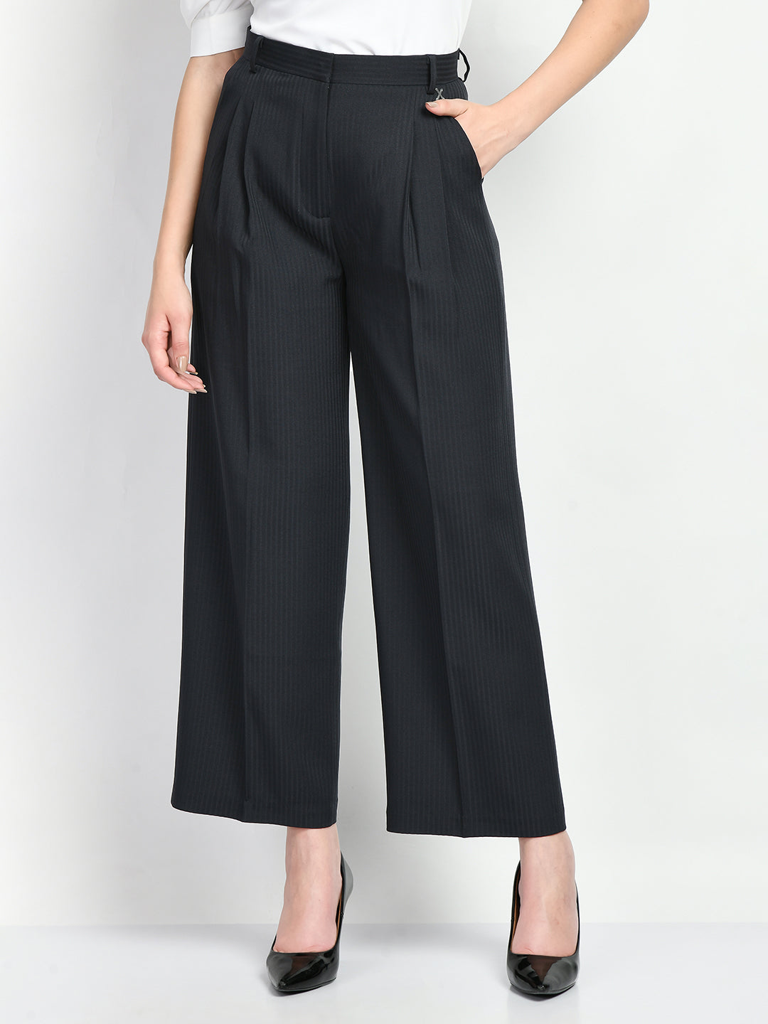 Exude Prowess Striped Wide Leg Trousers (Navy)