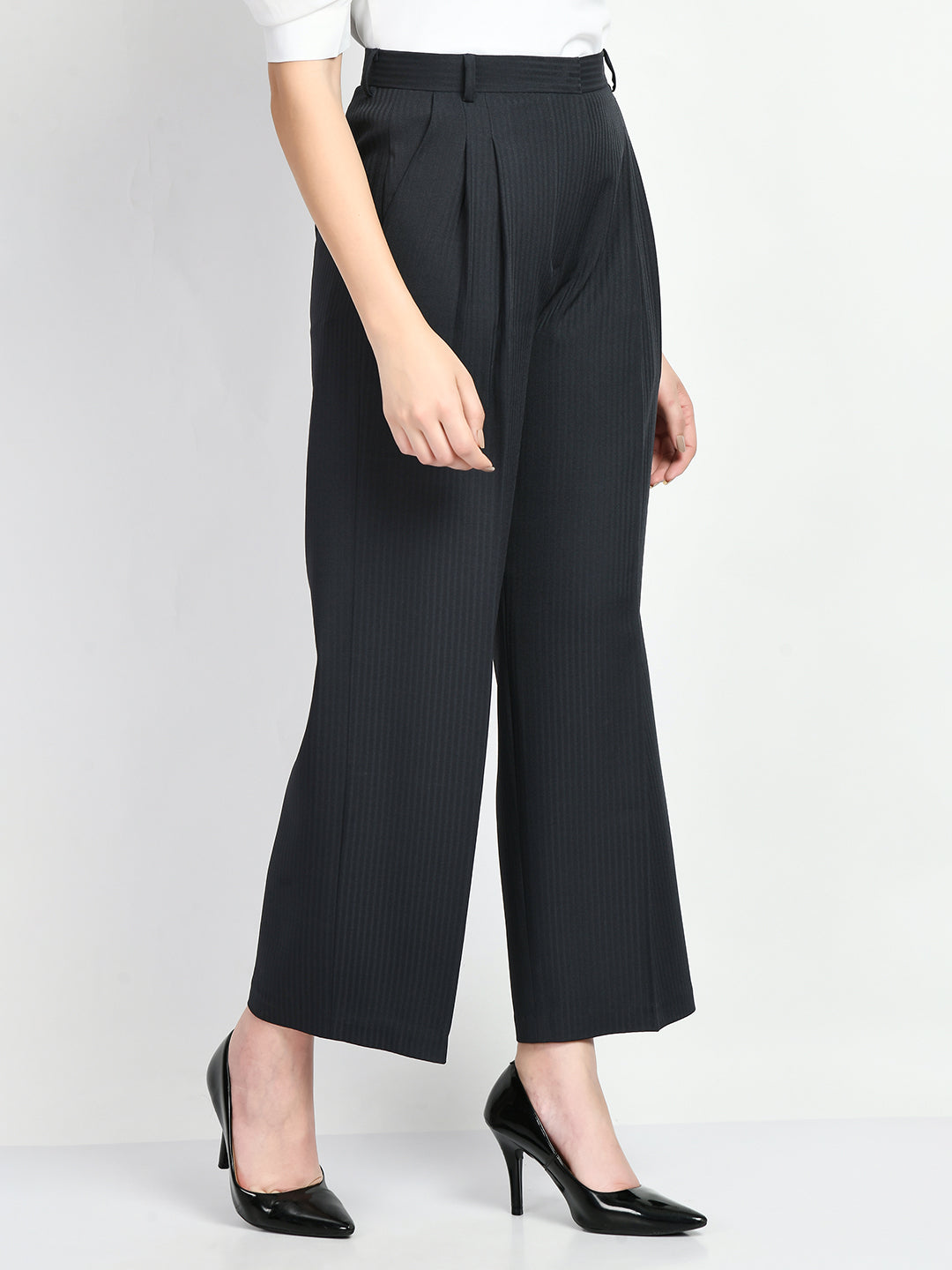 Exude Prowess Striped Wide Leg Trousers (Navy)