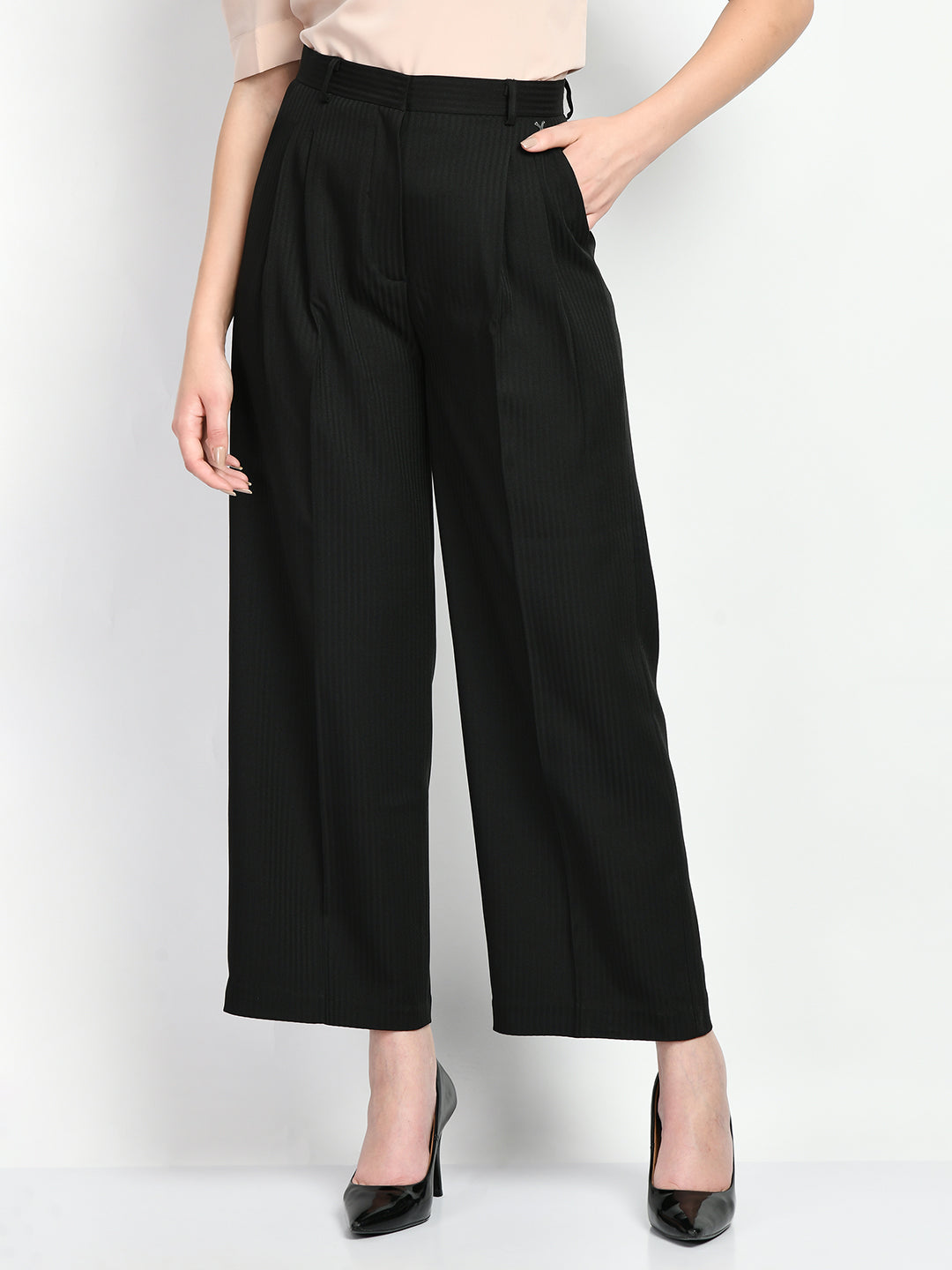 Exude Prowess Striped Wide Leg Trousers (Black)