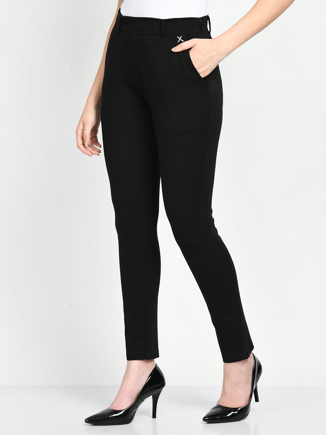 Exude Respect Solid 4 Way Stretch Slim Trousers (Black)