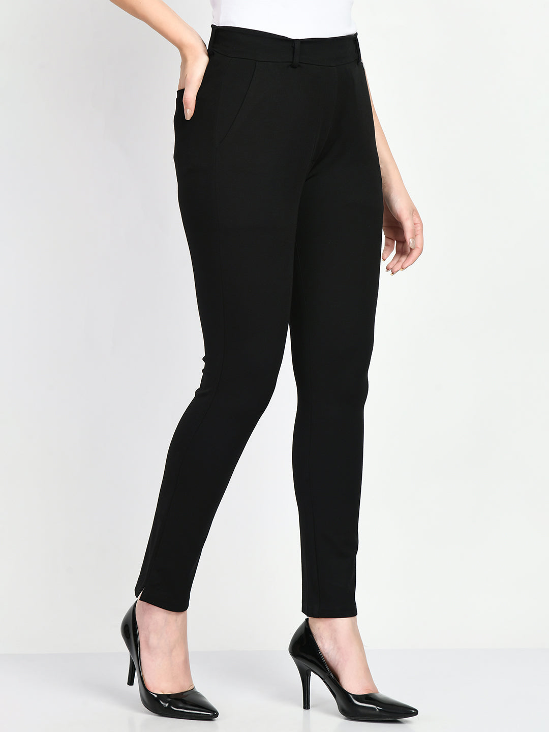 Exude Respect Solid 4 Way Stretch Slim Trousers (Black)