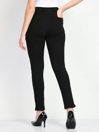 Exude Respect Solid 4 Way Stretch Slim Trousers (Black)