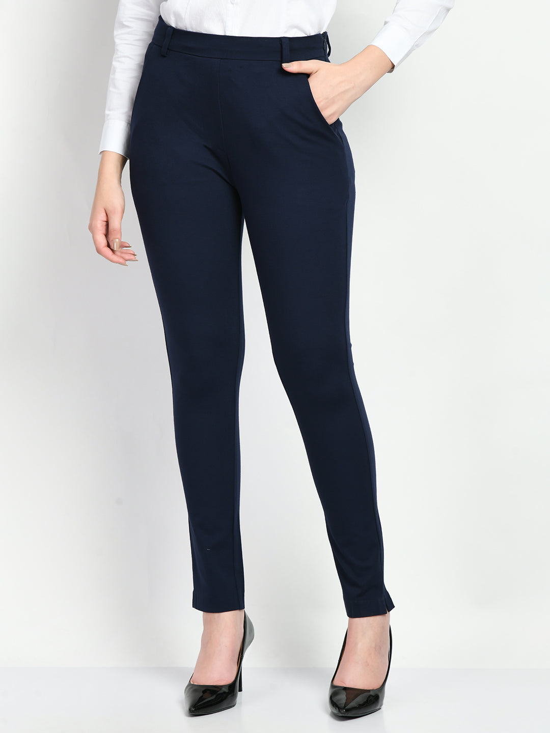 Exude Respect Solid 4 Way Stretch Slim Trousers (Navy)